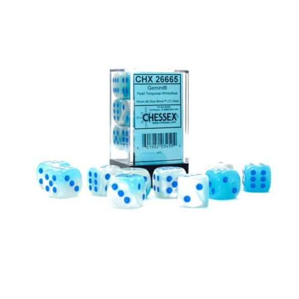 Gemini 16mm d6 Pearl Turquoise-White/blue Luminary Dice Block (12 dice)