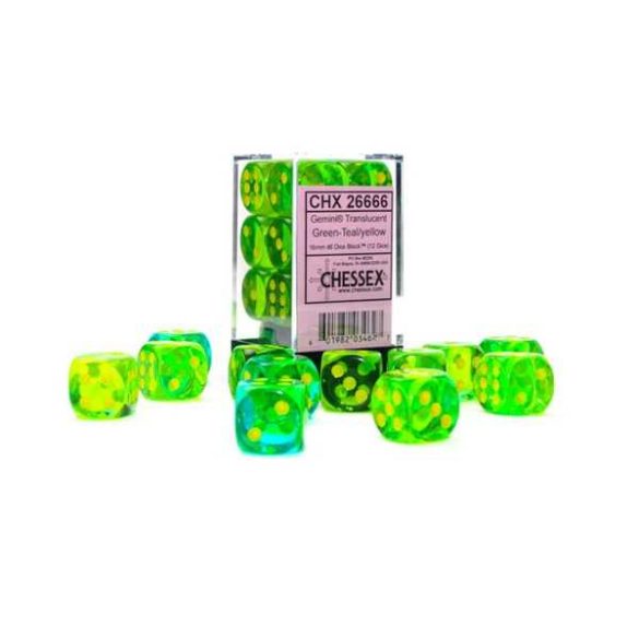 Gemini 16mm d6 Translucent Green-Teal/yellow Dice Block (12 dice)
