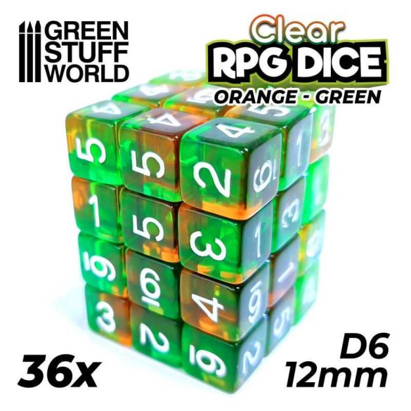 36x D6 12mm Dice - Clear Orange/Green