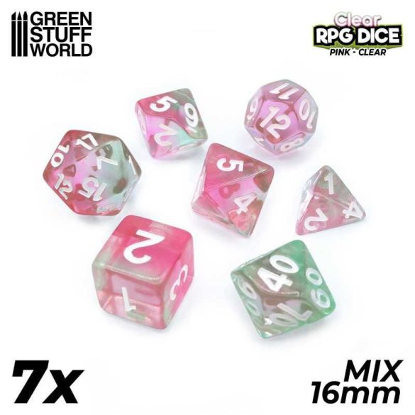 7x Mix 16mm Dice - Clear Pink