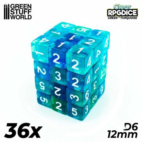 36x D6 12mm Dice - Green-Turquoise