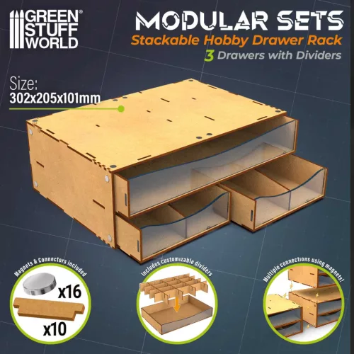 Stackable Hobby Drawer Rack with 3 horizontal drawers and dividers
