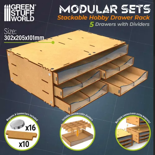 Stackable Hobby Drawer Rack with 5 horizontal drawers and dividers